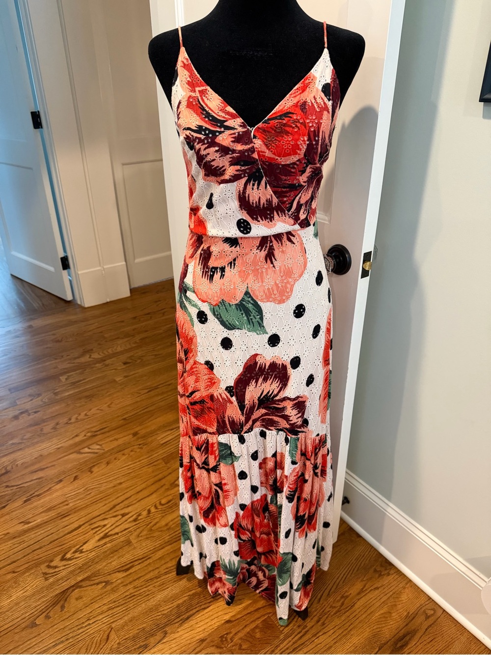 FARM Rio Red Floral Slip Maxi Dress with Black Dot Accents - Picture 3 of 6